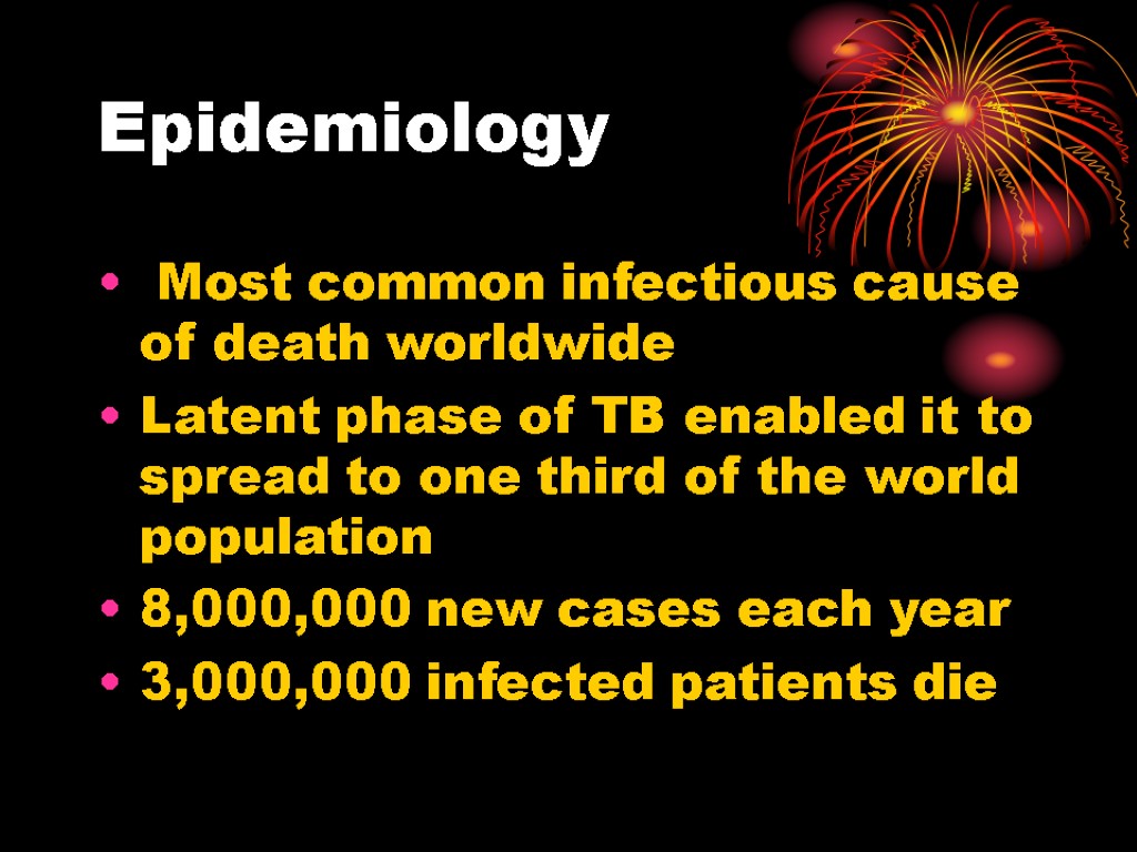 Epidemiology Most common infectious cause of death worldwide Latent phase of TB enabled it